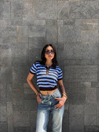 Brown x Baby Blue Retro Henley Top
