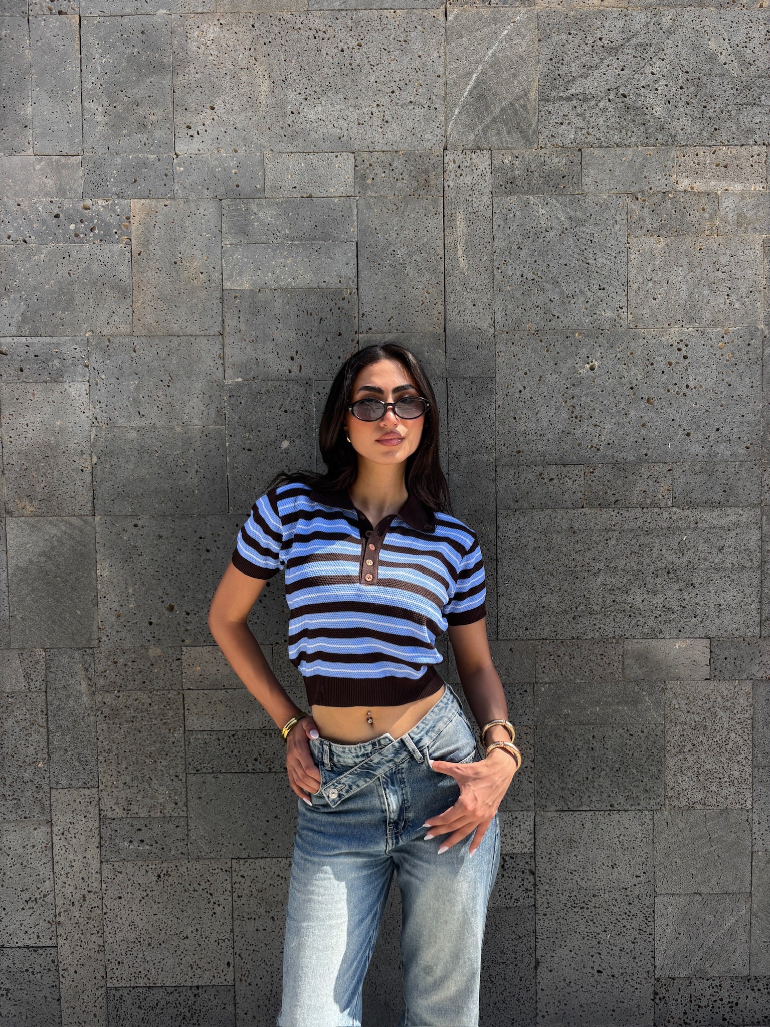 Brown x Baby Blue Retro Henley Top