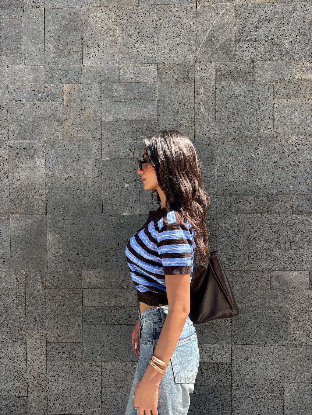 Brown x Baby Blue Retro Henley Top