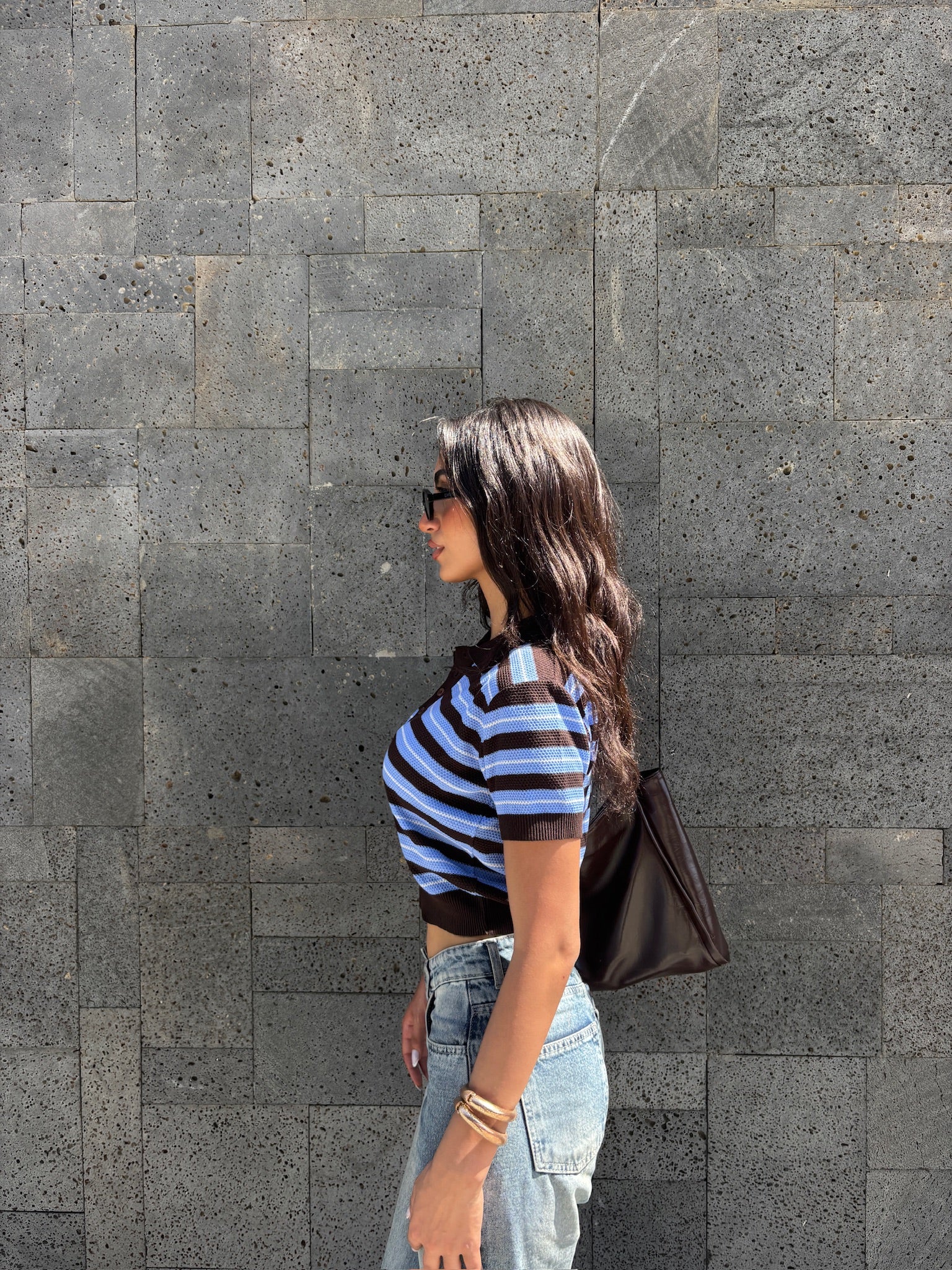 Brown x Baby Blue Retro Henley Top