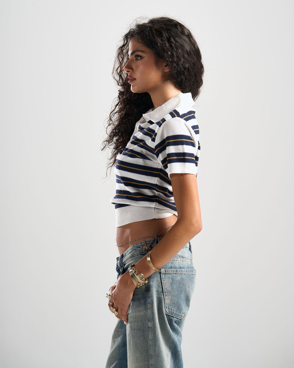 White x Navy Retro Henley Top
