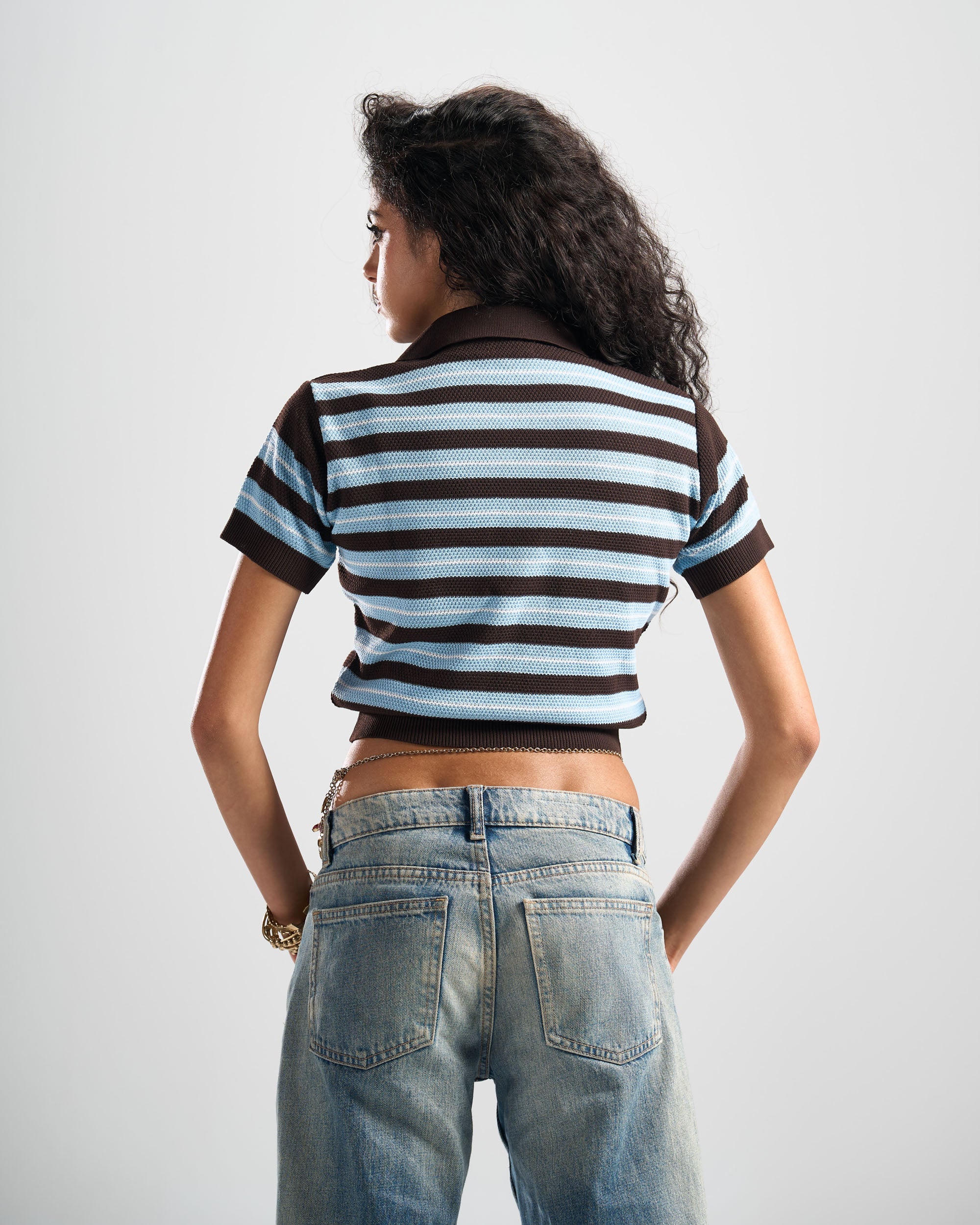 Brown x Baby Blue Retro Henley Top