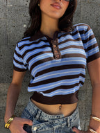 Brown x Baby Blue Retro Henley Top