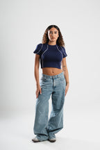 SCULPTED STITCH NAVY BLUE CROP TOP