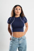 SCULPTED STITCH NAVY BLUE CROP TOP