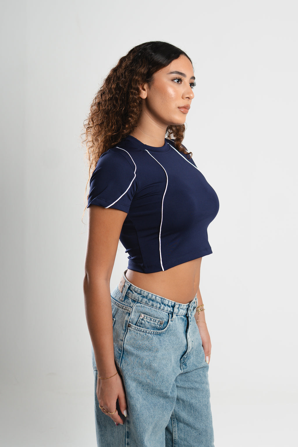 SCULPTED STITCH NAVY BLUE CROP TOP